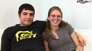 Skinny Wife with glasses fucks a BBC infront of the cuckold