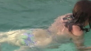 On the beach&comma; stepmom doesn't allow me to fuck her but I cum in her hairy pussy