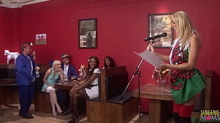 The visit from the prime minister turns into group sex with the blonde&comma; brunette and ebony milfs