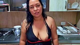 Squirting orgasm in the kitchen in front of my stepson&comma; I'm a horny stepmom&period; Do you want to be my new stepson&quest;