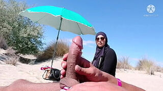 I shocked this muslim by pulling my cock out on the public beach&comma; OMG her husband will be here soon