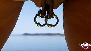 nippleringlover kinky mother double rings in extreme pierced nipples fingering pierced pussy and pissing at nude beach