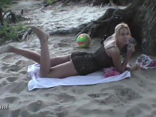 German Blond Step mother I'd Like To Fuck relaxed semi-bare on the beach when a stra...